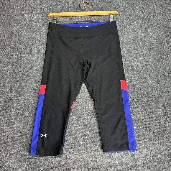 Under Armour Pants Womens Large Compression  Black Blue Heat Gear Crop Pull On - Picture 1 of 5
